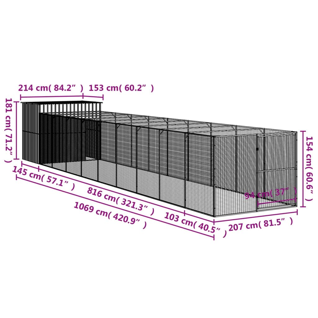 vidaXL Niche pour Chien avec Cour Anthracite 214x1069x181 cm, Cage pour Chien, abri pour Chien, Maison pour Animaux, Cages pour Chien, Cour pour Chien