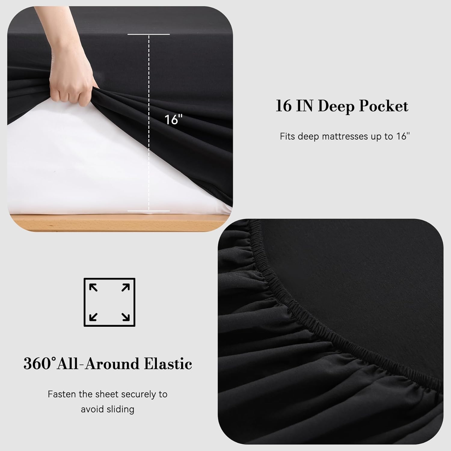 King Sheet Set 4 Piece, 16'' Deep Pocket Fitted Sheets Soft Breathable Microfiber Bed Sheets Luxury Hotel Bedding with Pillowcse Black Bedsheets Cooling, Wrinkle Free, Oeko-Tex Certified