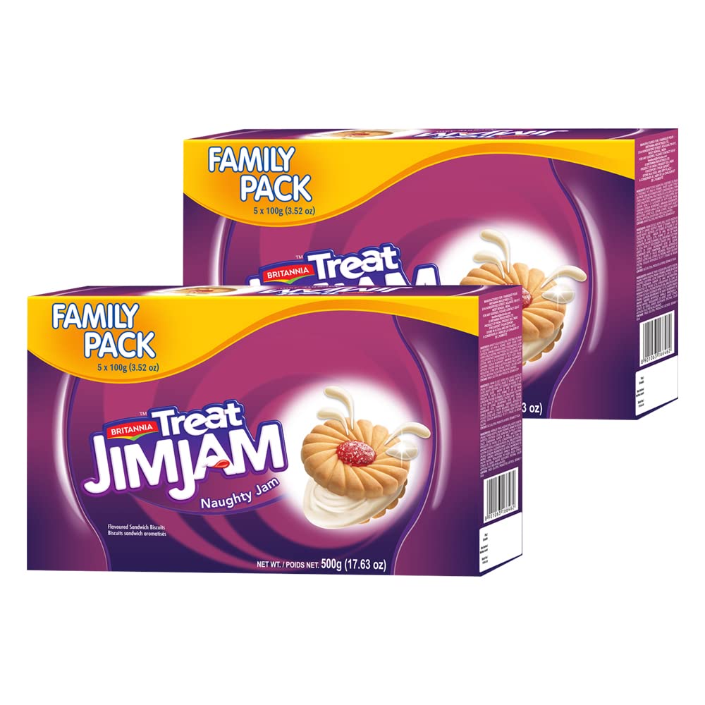 BritanniaTreat Naughty Jim Jam Sandwich Biscuits 17.62oz (500g) - Breakfast & Tea Time Snacks - Delicious Grocery Cookies - Suitable for Vegetarians (Pack of 2)