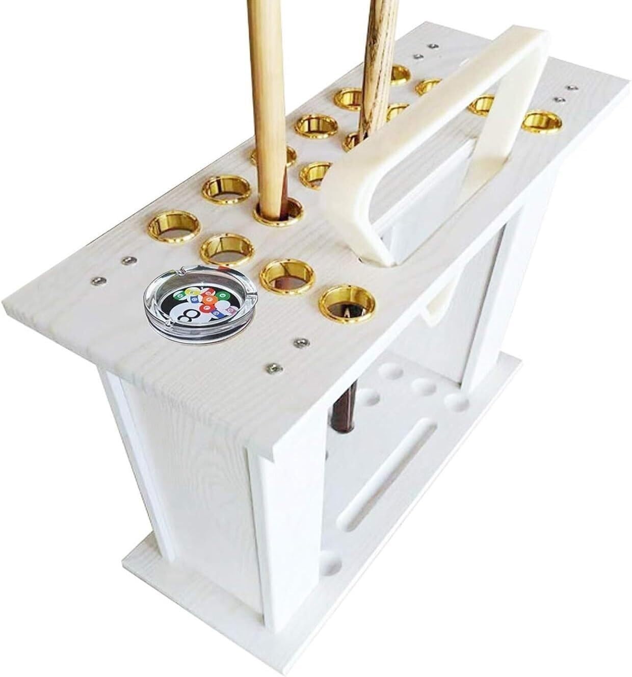 PPXCZZ Wooden Pool Rack 16-Hole Billiard Stick Holder Floor-Standing Cue Rack with Ball & Drink Storage White