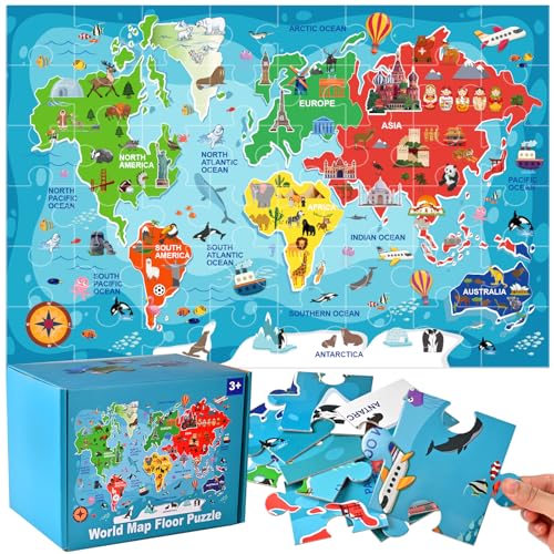 WoodTrove 48 Pcs World Map Puzzle for Kids, Floor Puzzles for Kids Ages 4-8