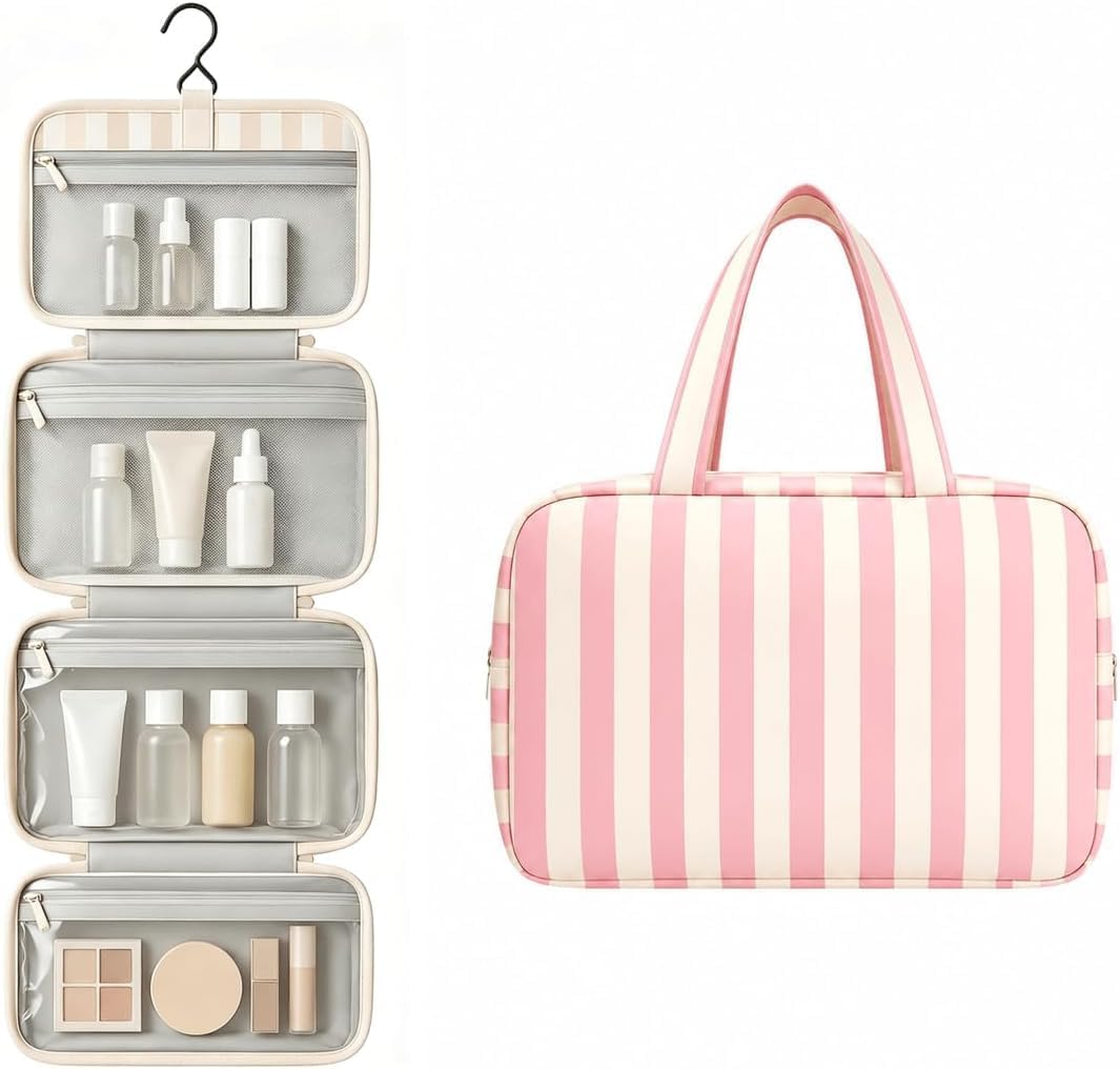 Premium-style 4-fold striped organizer bag featuring wet/dry separation—portable storage for cosmetics and toiletries.