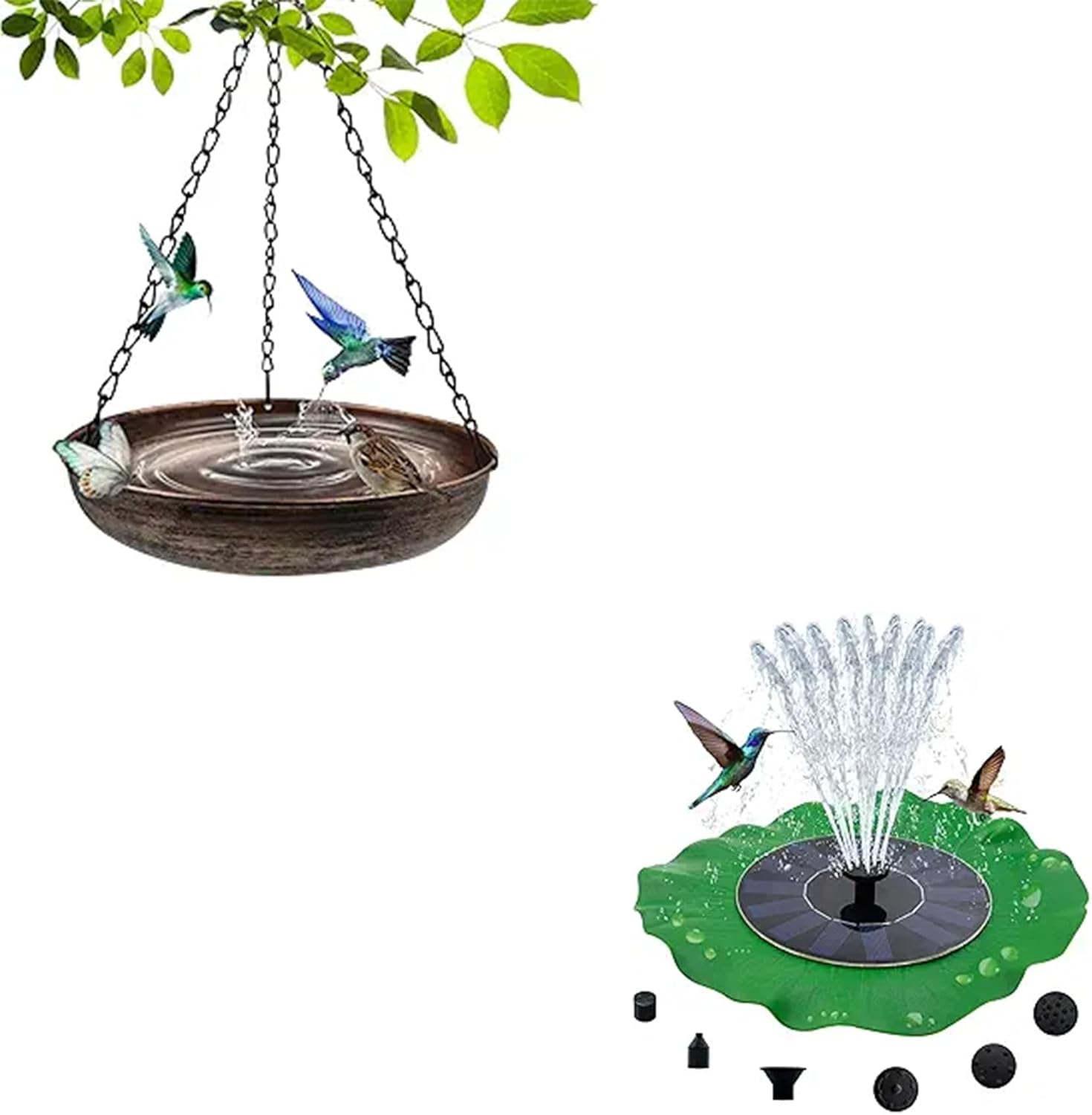 Hanging Bird Bath for Outside, 10" Metal Bird Bath Bowl with Chains & Hook+Solar Fountains Pump with Lotus Leaf Design Outdoor Hanging
