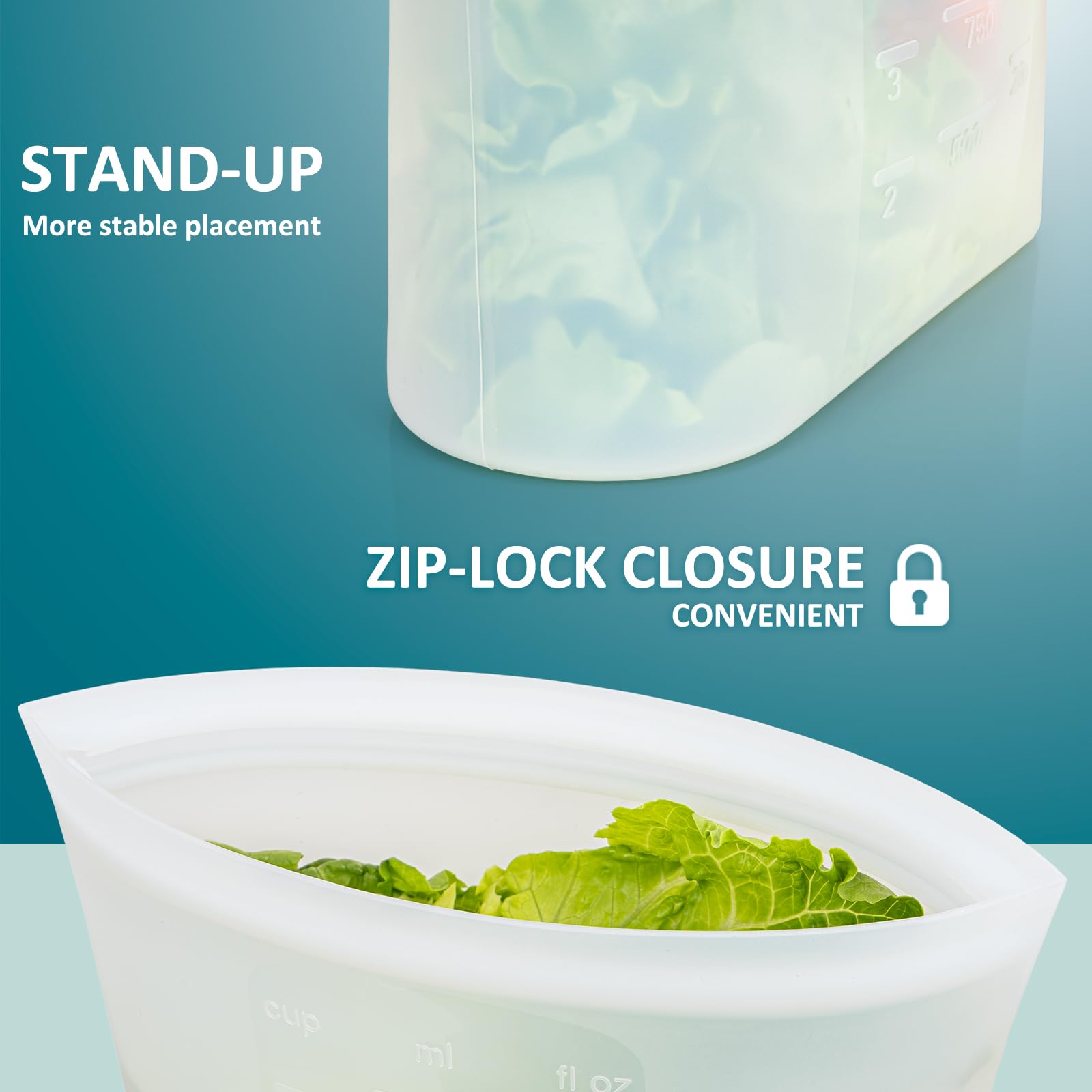 Confezione da 8 sacchetti riutilizzabili in silicone per alimenti, 100% silicone, con chiusura a cerniera, riutilizzabili, per alimenti, congelatore, microonde, lavastoviglie, traslucidi, 2XL (0,8