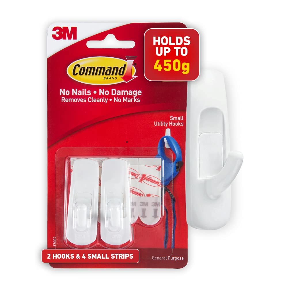 3M Command Utility Hook 2 White Hooks and 4 Strips, Acrylic, Multicoloured, 3-Piece