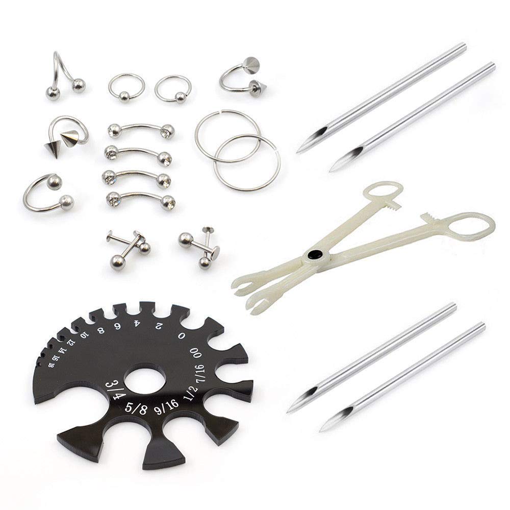 EG GIFTS 22 Parts Piercing Kit Forceps Needles and Gauge Measurement Tool