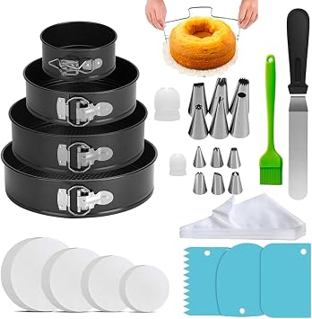 Round Cake Pan Sets for Baking Cake Decorating Supplies 4 Non-Stick Springform Pans Set 4, 7,9,10 inches, Icing Tips, Cake Leveler Multi-functional Leak-Proof CheeseCake Pan