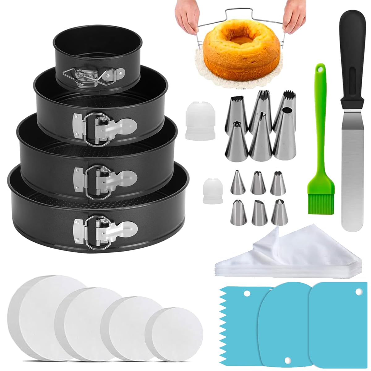 Round Cake Pan Sets for Baking Cake Decorating Supplies: 4 Non-Stick Springform Pans Set (4, 7,9,10 inches), Icing Tips, Cake Leveler – Multi-functional Leak-Proof CheeseCake Pan