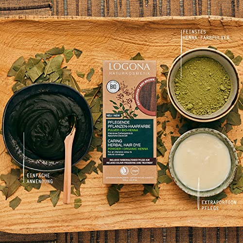 Foto von LOGONA Naturkosmetik Pflegende pflanzliche Haarfarbe, Veganes Haarfarbe-Pulver mit Bio-Henna für intensive Farbe und Glanz, Pflanzenhaarfarbe in Aschbraun (Braun), 1 x 100g