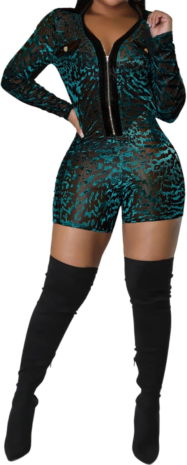 Uni Clau Women Sexy Mesh Patchwork Short Jumpsuit See Through V Neck Outfits Long Sleeve Velvet Club Bodycon Rompers