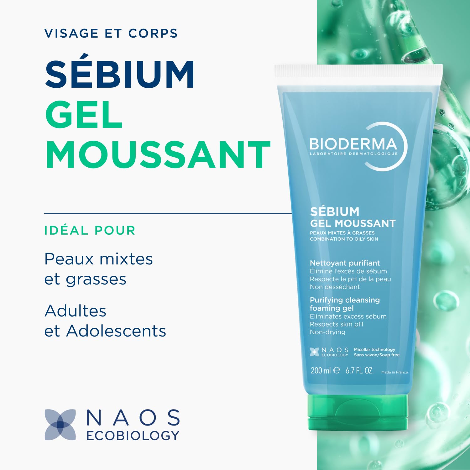 BIODERMA Sébium Gel Moussant – Nettoyant purifiant doux – Élimine l’excès de sébum et les impuretés – Peaux mixtes à grasses – Prescrit par des dermatologues – Tube 200 ml