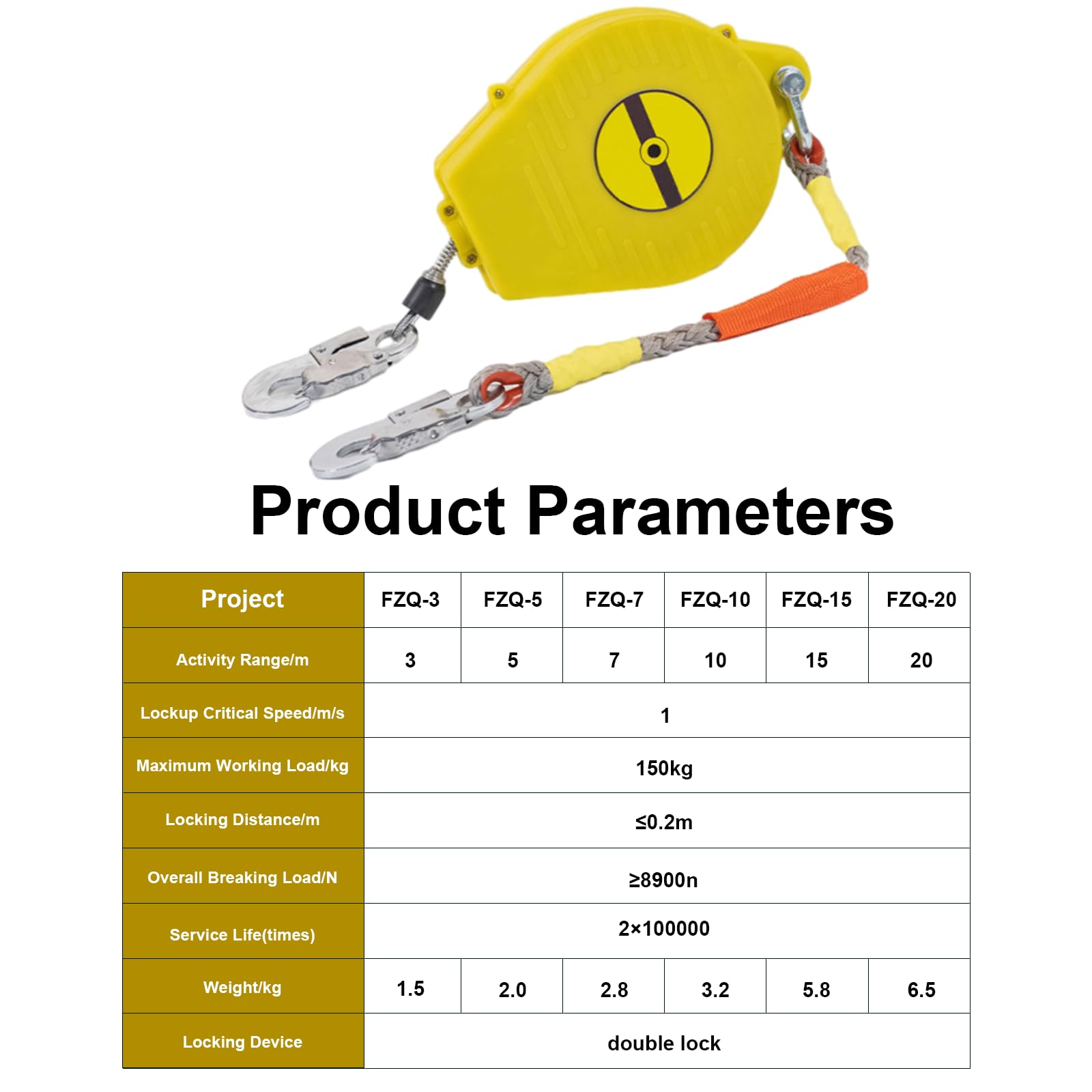 Dispositivo Anticaduta Retrattile Certificato 3-20 mt, Dispositivo Anticaduta Tetto 150 KG con Gancio, Dispositivo di Sicurezza Anticaduta Retrattile per Tetto e Lavoro Aereo(Giallo,15 mt)