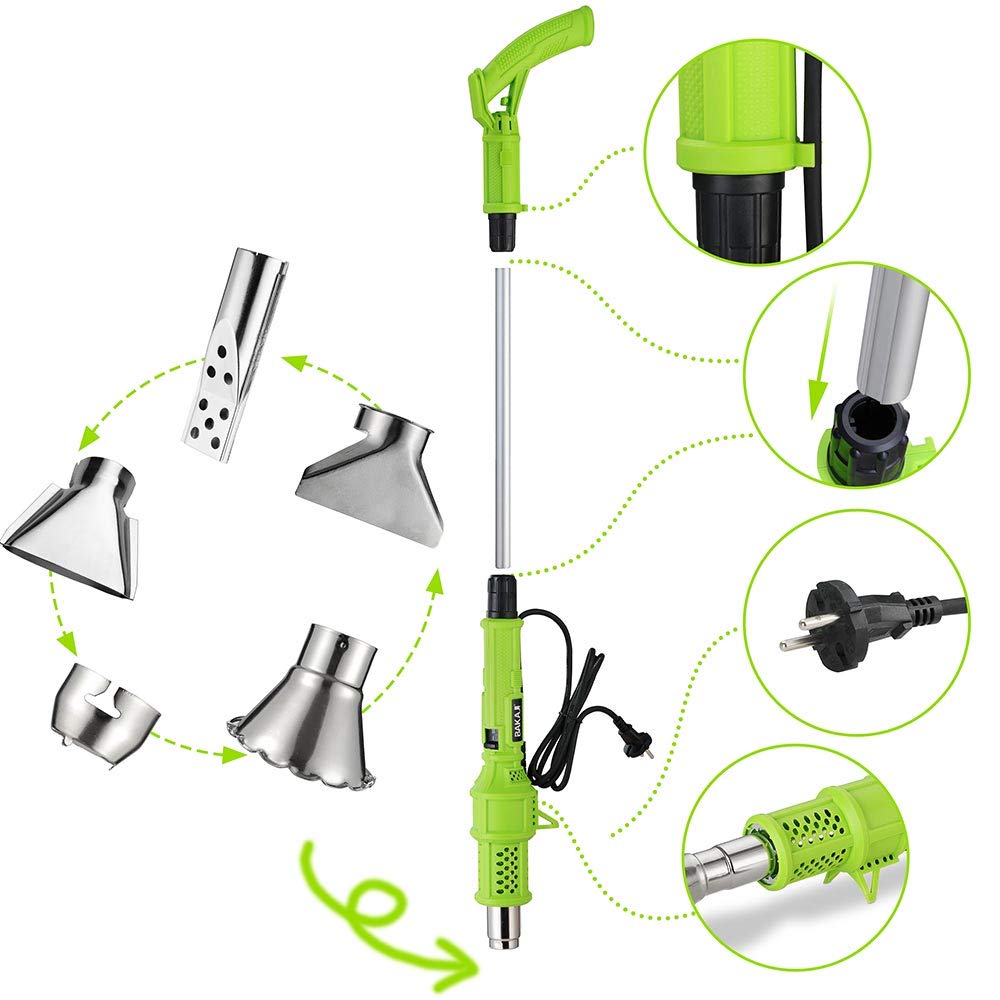 BAKAJI Bruciatore Erba Elettrico 2000W 230V Diserbante Termico Doppia Temperatura Selezionabile 80/600 Gradi con 2 Beccucci Intercambiabili Lunghezza 100cm Manutenzione Giardino Esterno, verde/grigio