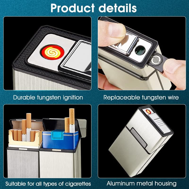 Image of GUSTAVE Brushed Aluminum Cigarette Case with USB Electric Lighter, Portable Cigarette Box for Whole Package 20pcs Cigarettes, Flameless Lighter, Moisture-Proof and Scratch(Golden)