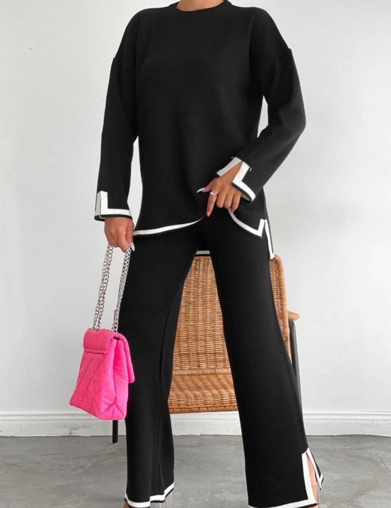 Rxozrxoz Damen-Pullover-Set, langärmelig, Strickpullover, Oberteile, weites Bein, Hose, 2-teiliges Outfit, Lounge-Sets