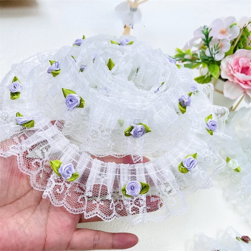 Aplikacje z haftowanej koronki Tkanina koronkowa - 1 jard 3D Rose Flower Tulle elastyczna plisowana tkanina koronkowa aplikacja na ubranka dla lalek(Pink Lace)