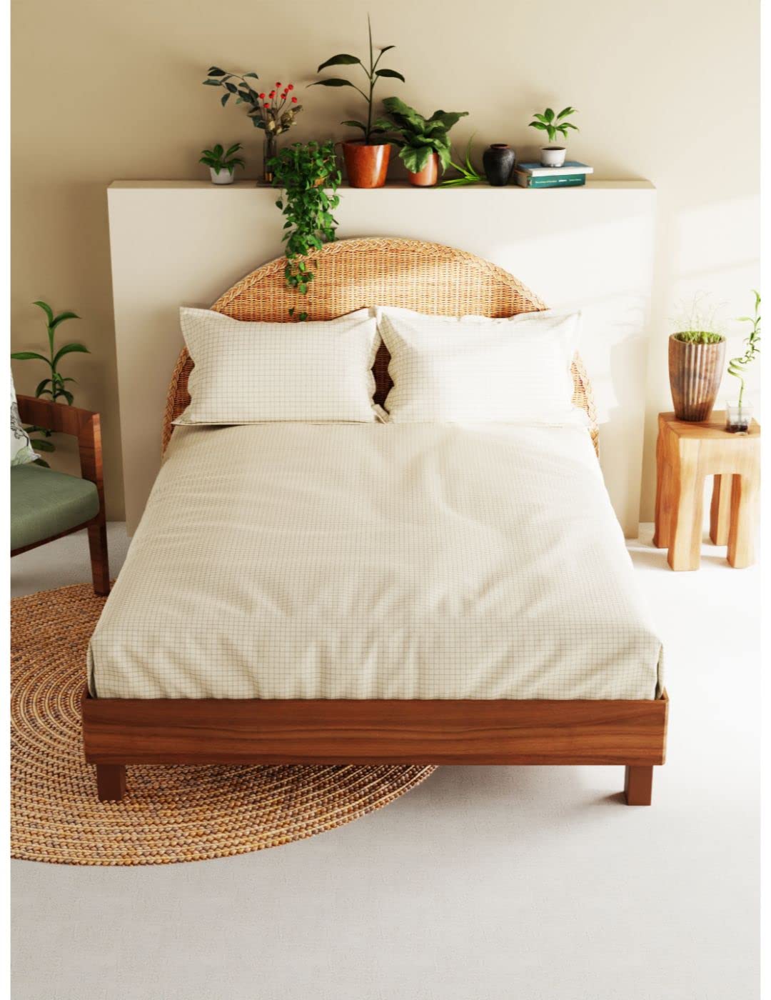 BIANCA Extra Soft 100% Satin Egyptian Cotton XL King Size Bedsheet with 2 Pillow Covers -3pc Set (Botanical) | 100% Extra Soft Satin Egyptian Cotton Designer | Checks-Wheat