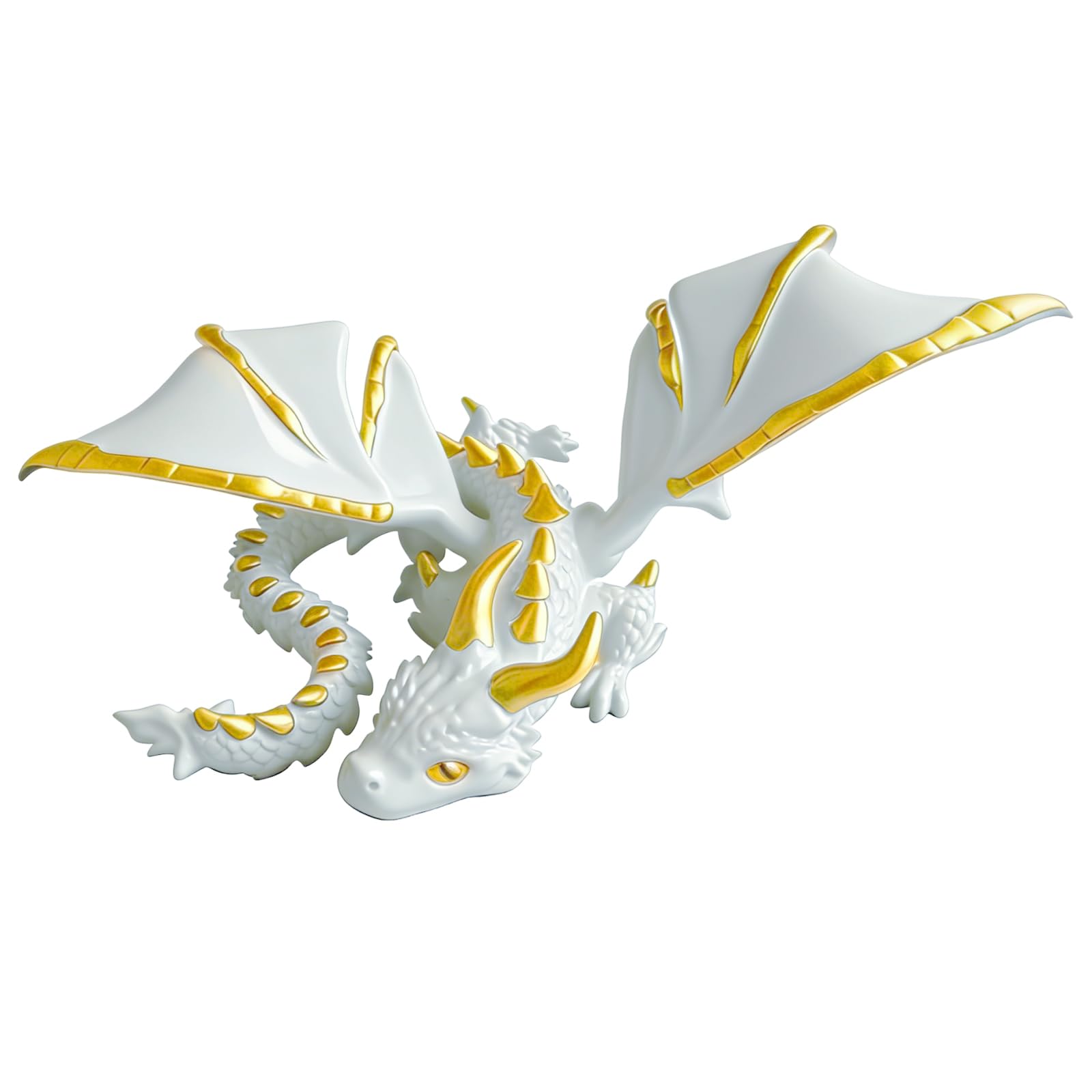 12.6 Inches Large 3D Printed Dragon with Horns & Wings Flexible Poseable Desktop Decoration Display Crystal Dragon Figure for Home Office Decor Fidget Toy for Adults Stress Relief (White Gold)
