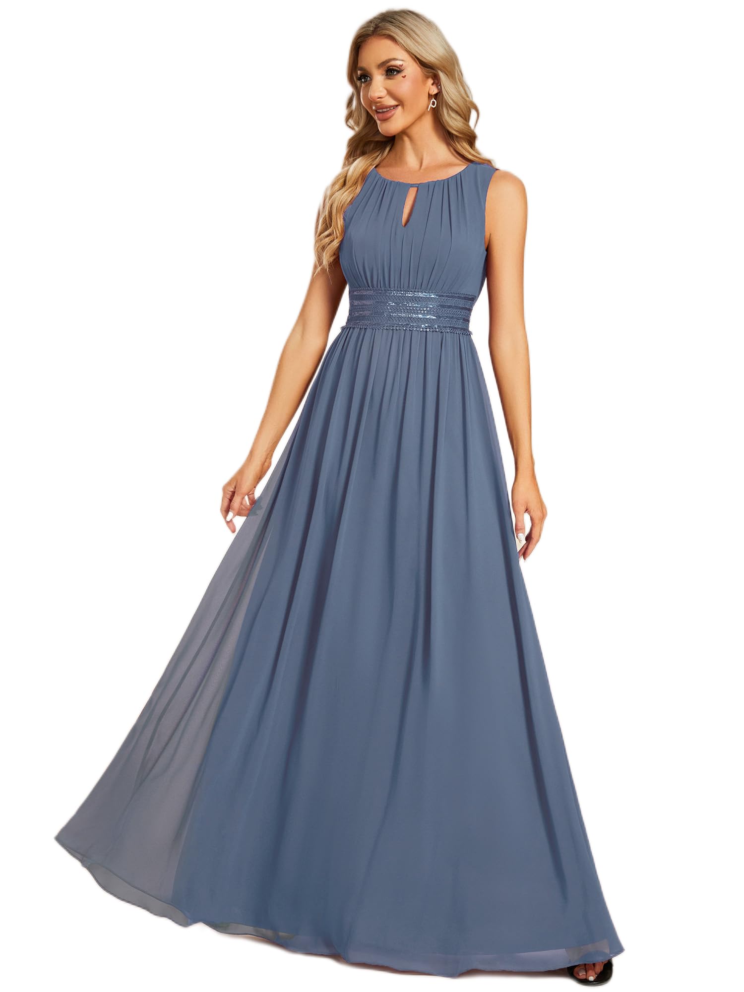 Ever-Pretty Vestido de noche, cuello redondo, sin mangas, falda acampanada, gasa para mujer, vestido de noche, elegante, ES01955