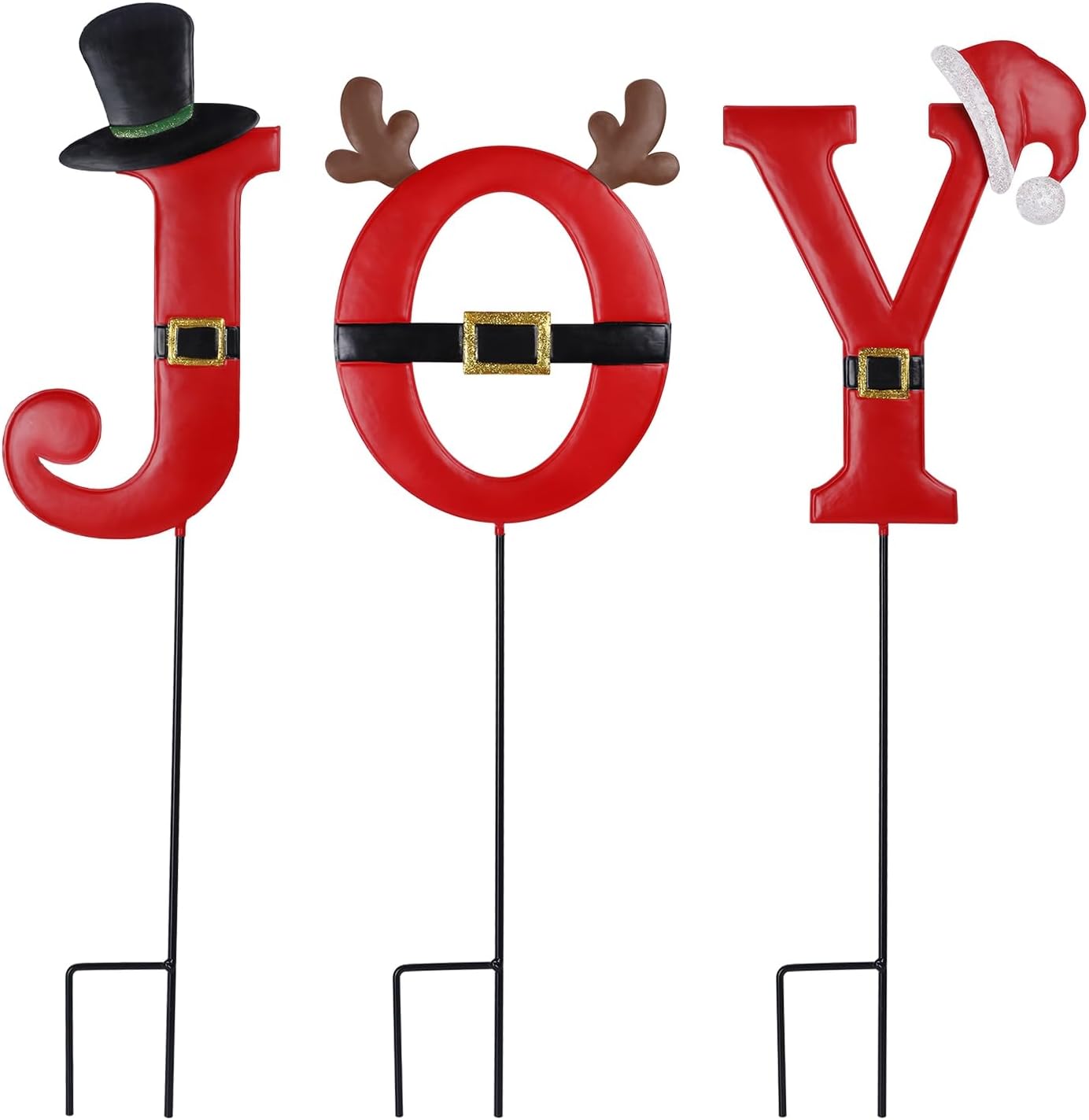 FORUP Joy Christmas Decorations - 3 Pcs Metal Garden Stakes for Outdoor Lawn Yard Decor