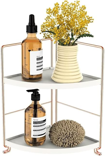 Koksi 2-Tier Bathroom Corner Organiser for Bathroom, Kitchen, Toilet, Bedroom, Makeup, Cosmetics, Countertop (White & Rose Gold)