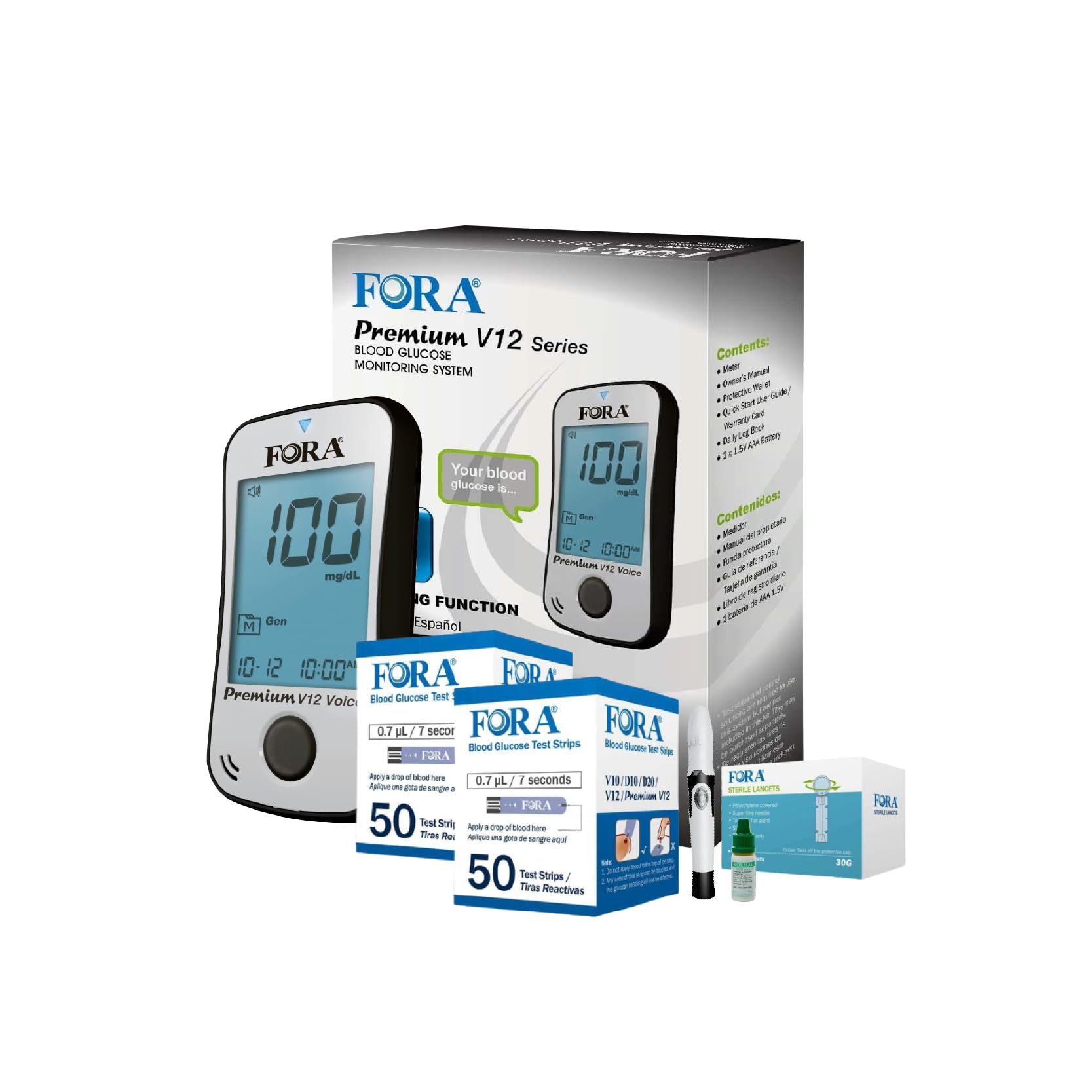 FORA Premium V12 Voice Blood Glucose Testing Kit with 100 Test Strips, 100 Lancets, 1 Blood Sugar Monitor, 1 Lancing Device, 1 Control Solution