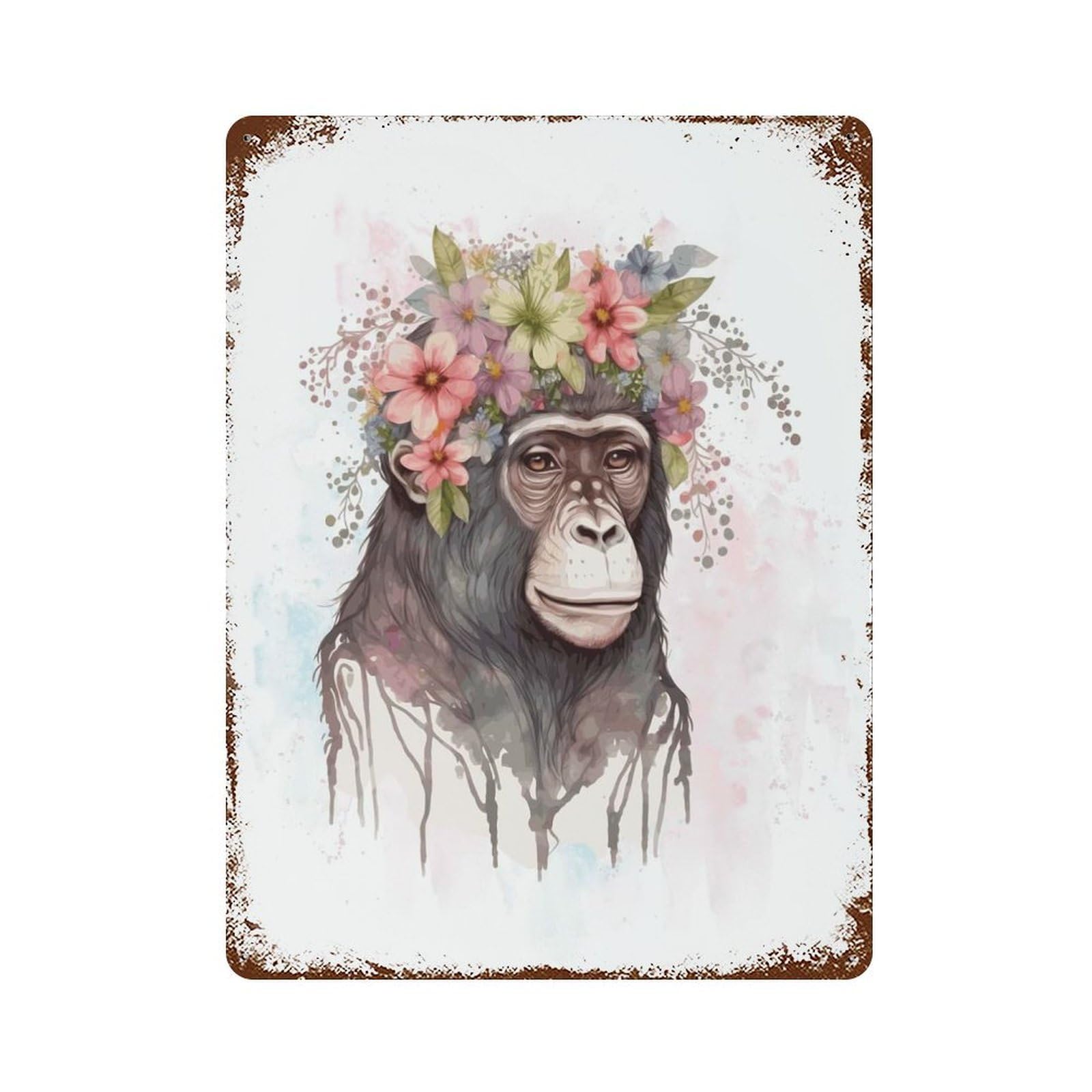 Flower Monkey Painting Art 15.7"x11.8" Distressed Metal Wall Sign, Shabby Chic Decor for Shed, Workshop And Garage Wall Decor