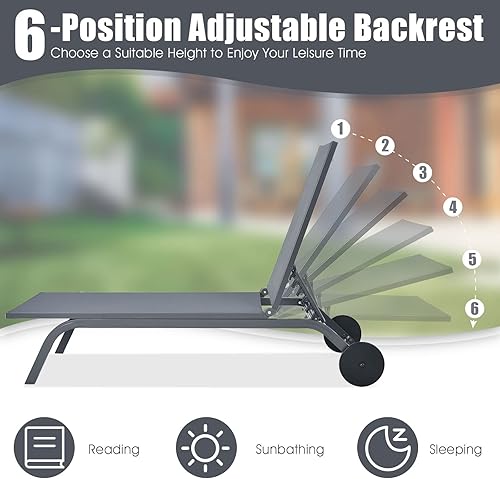 Miniatura 6 de Tangkula Tumbona de aluminio para exteriores, silla reclinable para patio con 6 respaldos ajustables, tumbona reclinable con ruedas para playa,