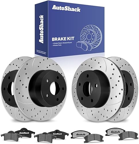 AutoShack - Juego de 4 pastillas de freno perforadas y ranuradas delanteras y traseras, color negro y cerámica, repuesto para Jeep Grand Cherokee