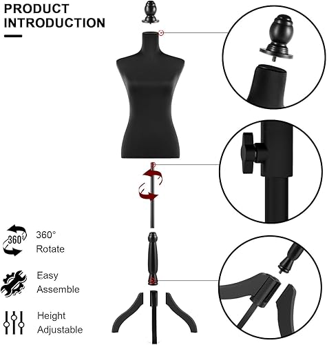 Miniatura 3 de 60 "- 68" Negro Maniquí Mujer Cuerpo Trípode Stand,Altura Ajustable Maniqui para Ropa,Maniquí Forma Vestido