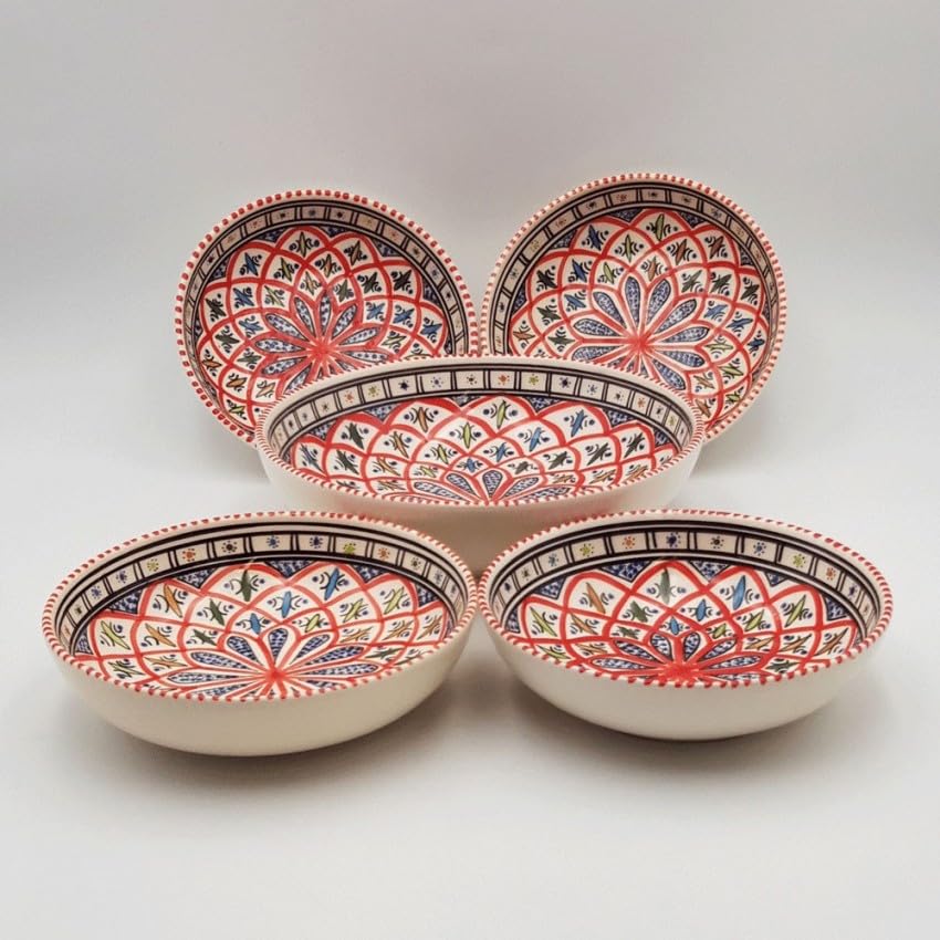 YODECO Couscous Jatte-Set Bakir Rot – 4 Personen, Keramik, Modern, handcrafted, rustic Mediterranean mit rotem Thema, 20 cm, Texturiert, Spülmaschinen- und mikrowellengeeignet