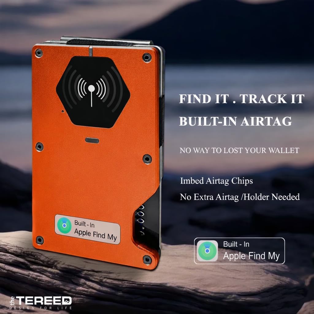 Air Wallet, RFID Blocking Wallet for Men & Women, Built-in Apple Airtag with Tracker, Minimalist Wallet with Card Holder & Money Clip, Orange