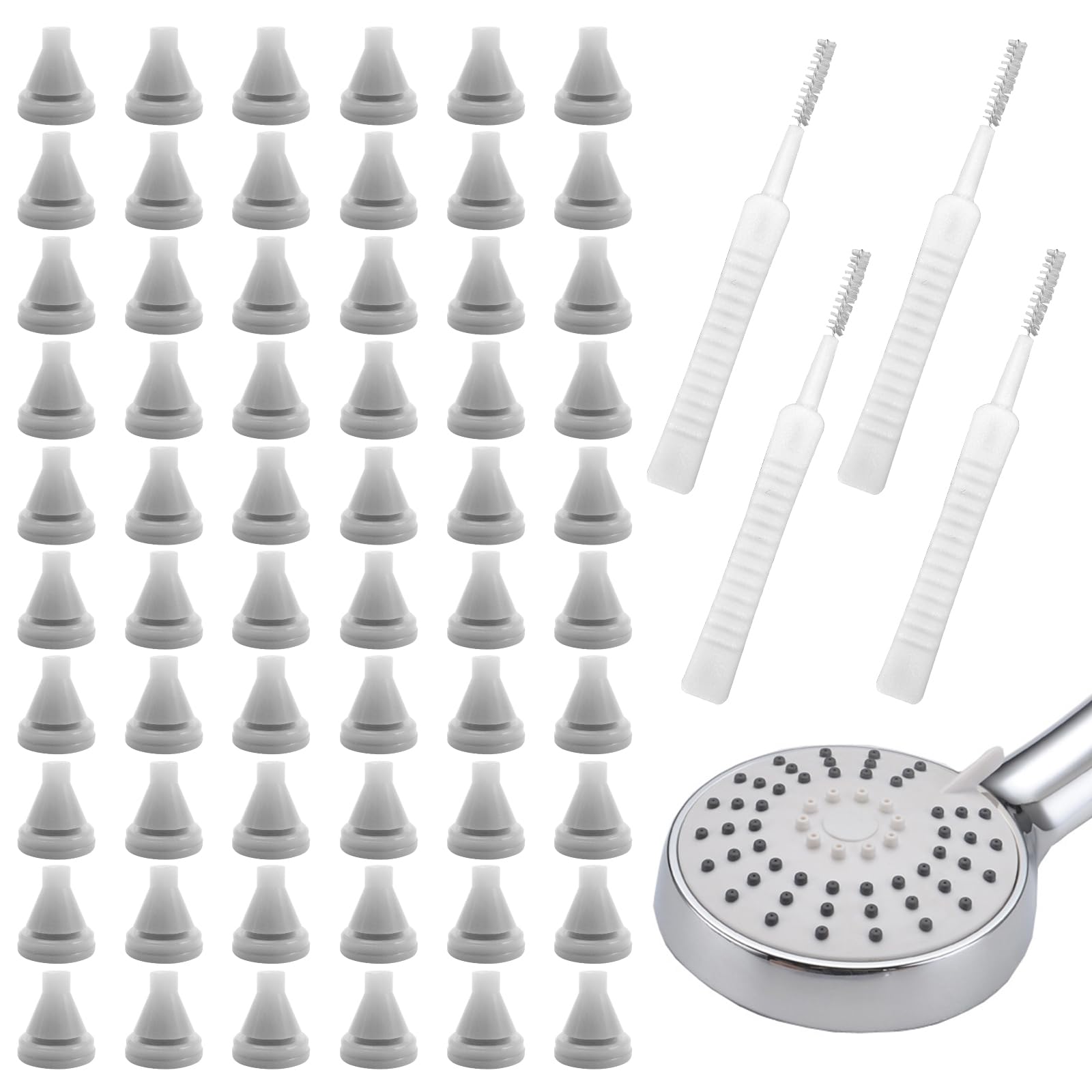 60Pcs Silicone Shower Nozzle,Shower Head Nozzles Replacement with 4Pcs Shower Head Cleaner Tools, Silicone Nozzle for Shower Hole, Fit Hole Diameter 4mm (Light Grey)