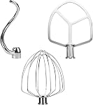 Kit d'accessoires en acier inoxydable de 3 pièces pour les mélangeurs sur socle KitchenAid de 5,5 à 6 quarts – Comprend un crochet à pâte, un fouet à 6 fils et un batteur plat – Lavable au lave-vaisselle