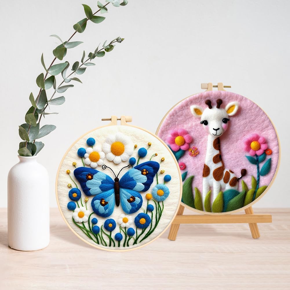 DIY Needle Felting Kit Beginner - Butterfly Giraffe Rabbit Cat Flower Wool Painting Craft Set - Needle Felting Kits Beginners, DIY Wool Needle Felting Starter Kit, Needle Felt Set, Style 13