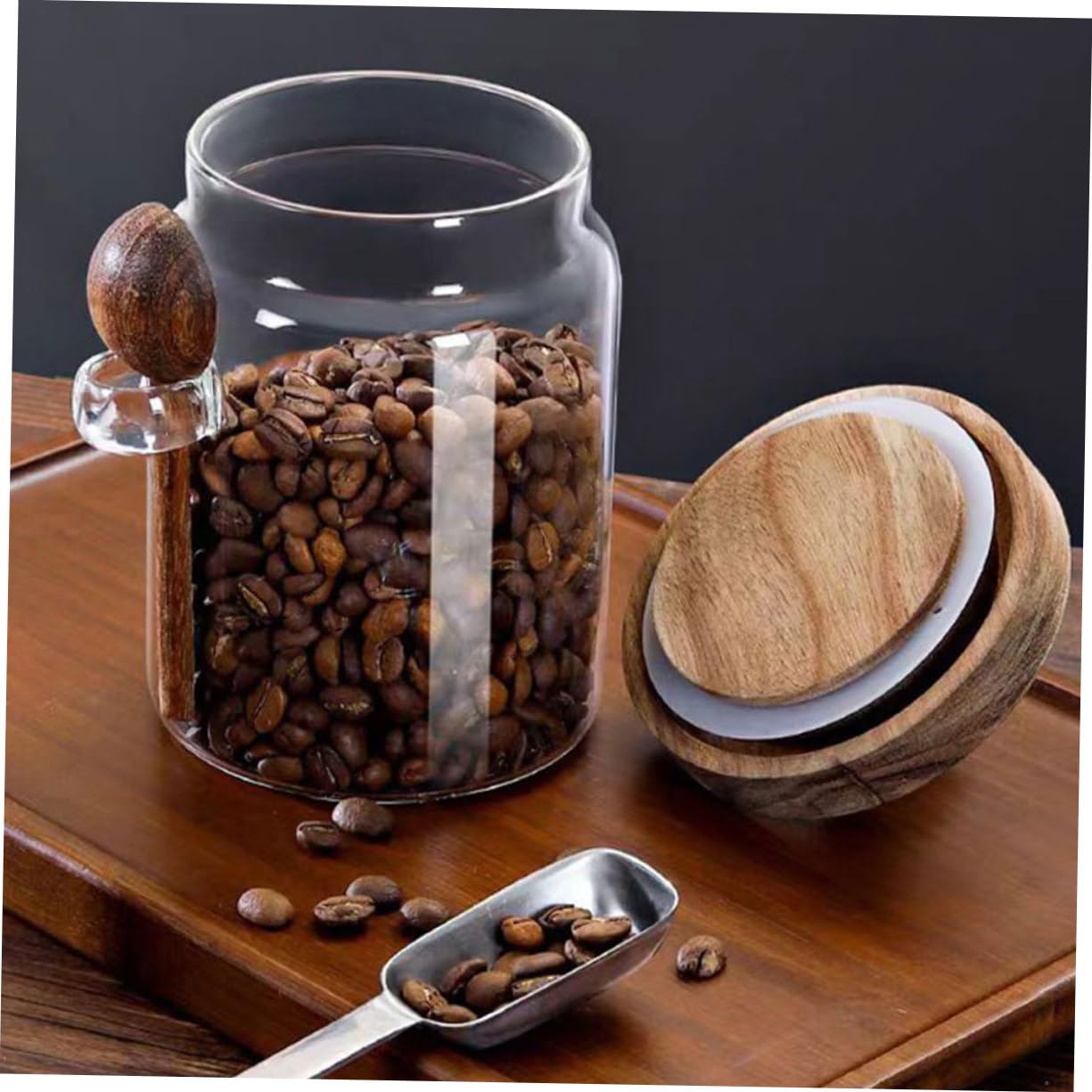 Gewürzbehälter 3 Stück aus Glas mit Holzdeckel und Löffel Luftdicht | Inhalt 850/550/400ml, Drei Größen, für Küche, Restaurant, Platzsparend, Schlichtes, Modernes Design