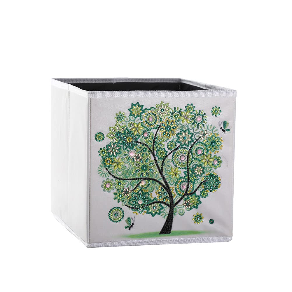 Diamond Painting Folding Storage Cubes Organizer Container DIY Foldable Basket Bin Cross Stitch Embroidery Mosaic Kits Storage Box 9.8"x9.8”x9.8" (Spring Tree 2)