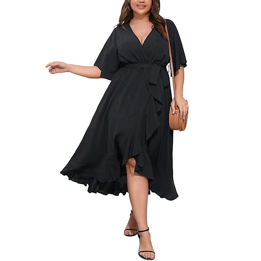 SCOMCHIC Women Plus Size Maxi Dress Short Sleeve Wrap V Neck High Low Split Ruffle Long Dress