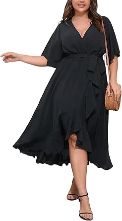 Vestidos máximos de chiffon con mangas de volantes y lazo en la cintura Verde Oscuro Tallas Grandes main image 0