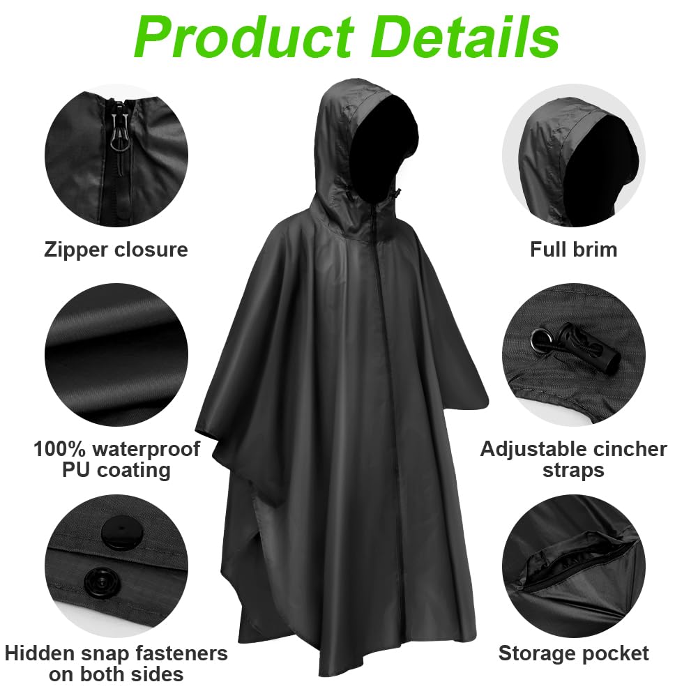 Vicloon Poncho de Lluvia Impermeable, 210T Chubasquero con Capucha para Mujer Hombres, 3 en 1 Multifuncional Chubasquero Transpirable Ultrafino, Toldo Manta, Estera de Camping, Talla grande con Bolsa