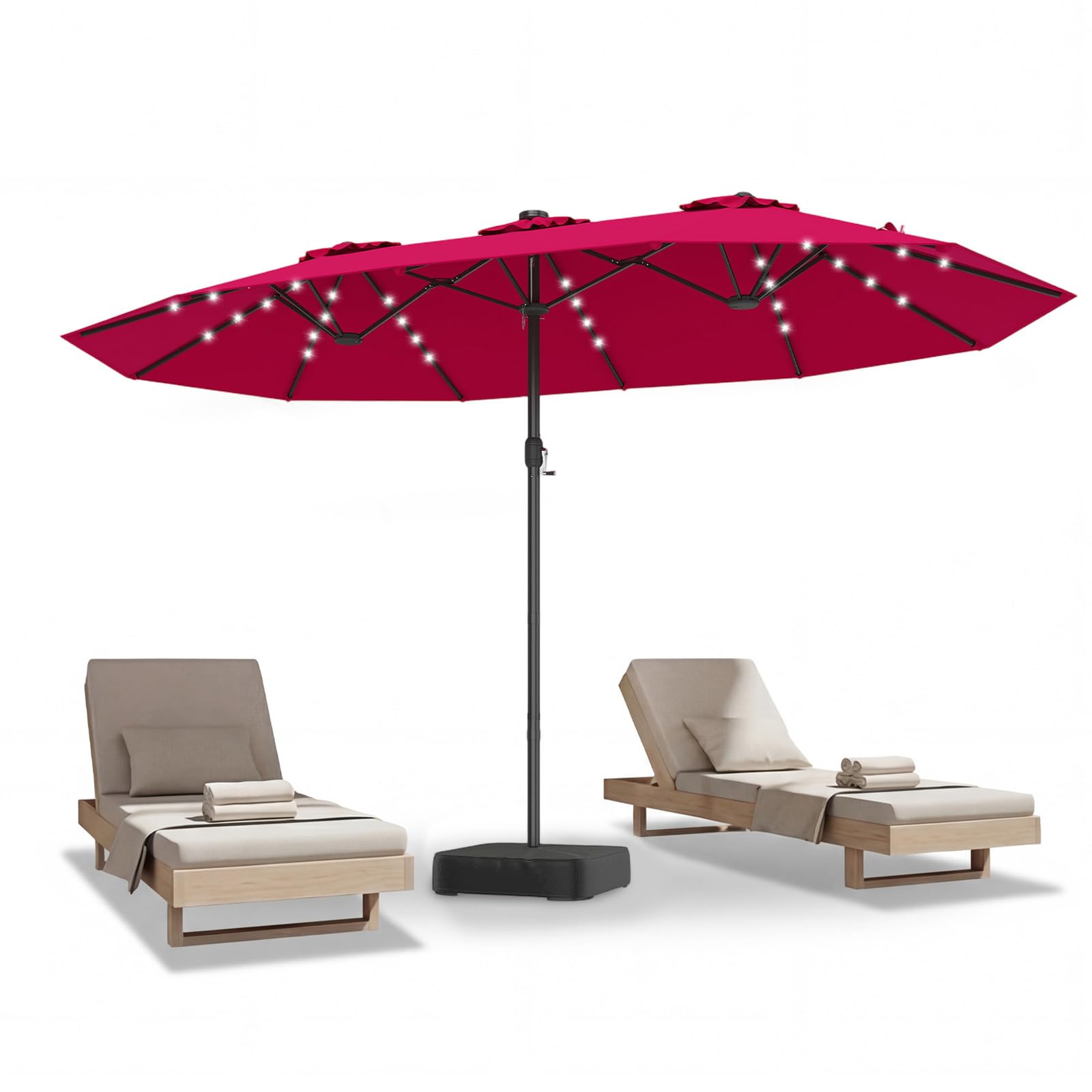 COSTWAY Podwójny parasol przeciwsłoneczny ze stojakiem i oświetleniem solarnym LED, 450 x 260 cm, Podstawa parasola nie jest dołączona, parasol ogrodowy z korbą, parasol tarasowy, do ogrodu (czerwony)