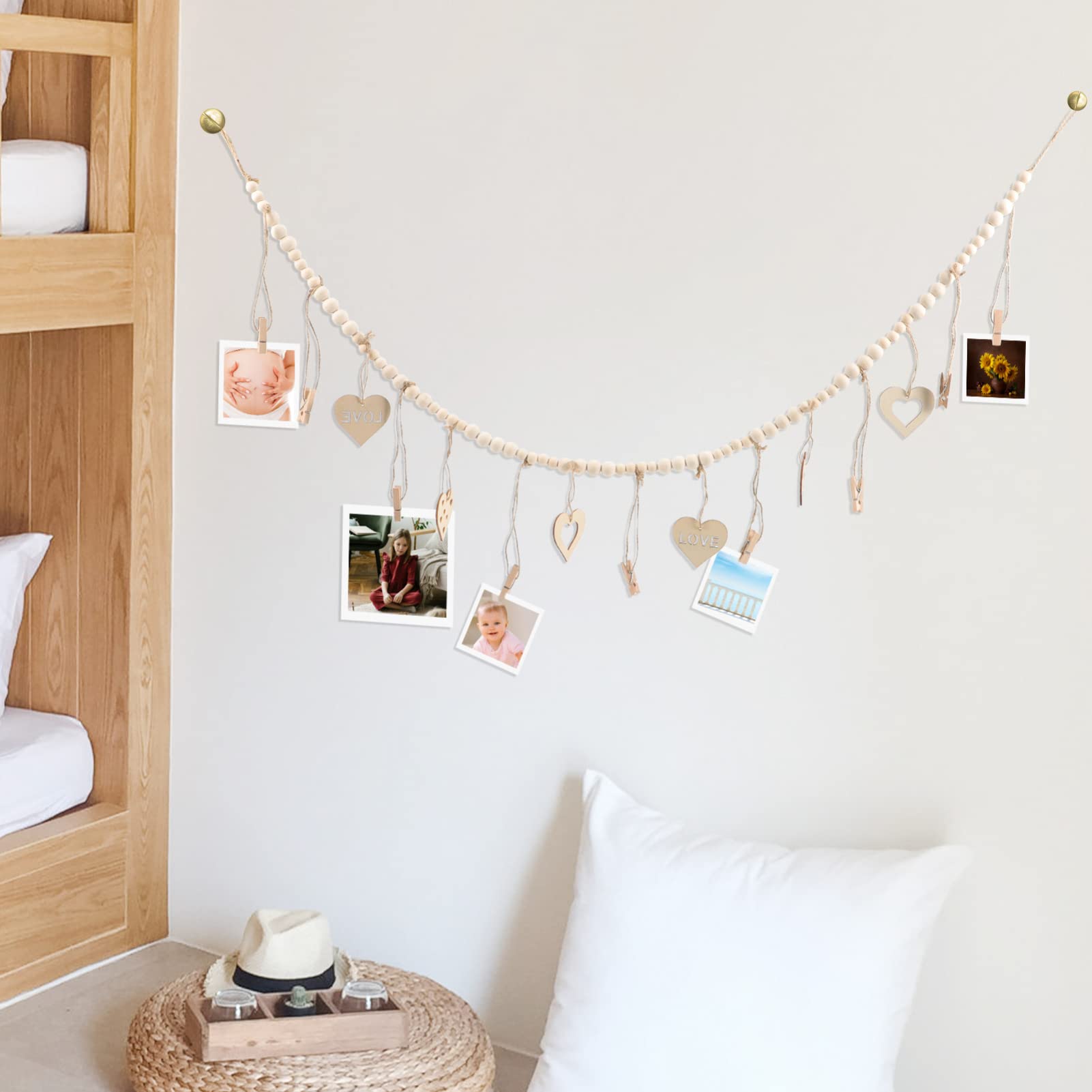 De Photos Suspendues, Cadre Photo De Collage De Guirlande De Perles En Bois Boho Avec 7Clips En Bois Pour La Maison, Le Bureau - Maison