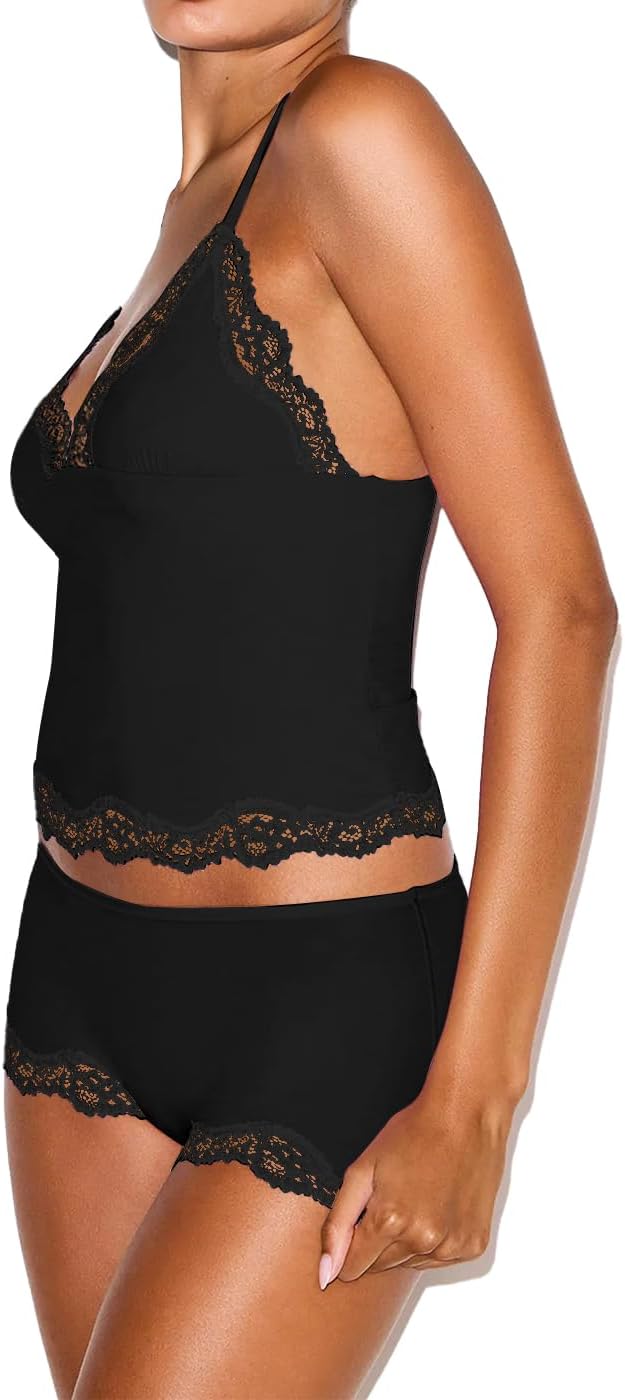 LEEDYA Womens Cami Pajama Set Sexy 2 Piece Sleeveless Pjs Summer V Neck Tank Top Y2K Lace Trim Sleepwear Lounge Set