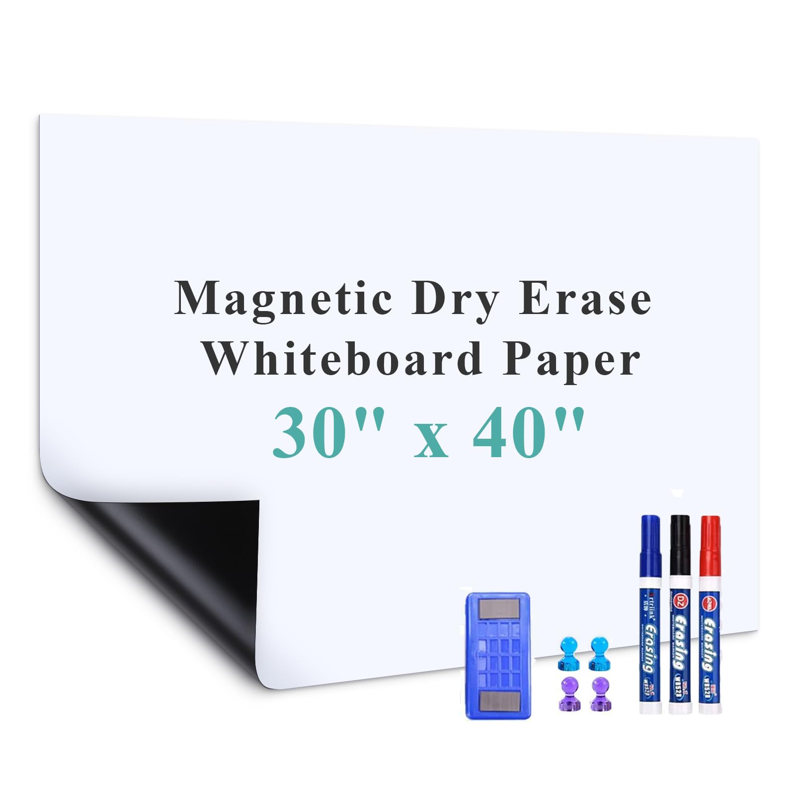 Magnetic Dry Erase Whiteboard Paper, 30" x 40" Self Adhesive Whiteboard for Wall, Easy to Write and Clean Dry Erase Board for Kids, Office, Home, with Marker, Magnetic Eraser and Magnets