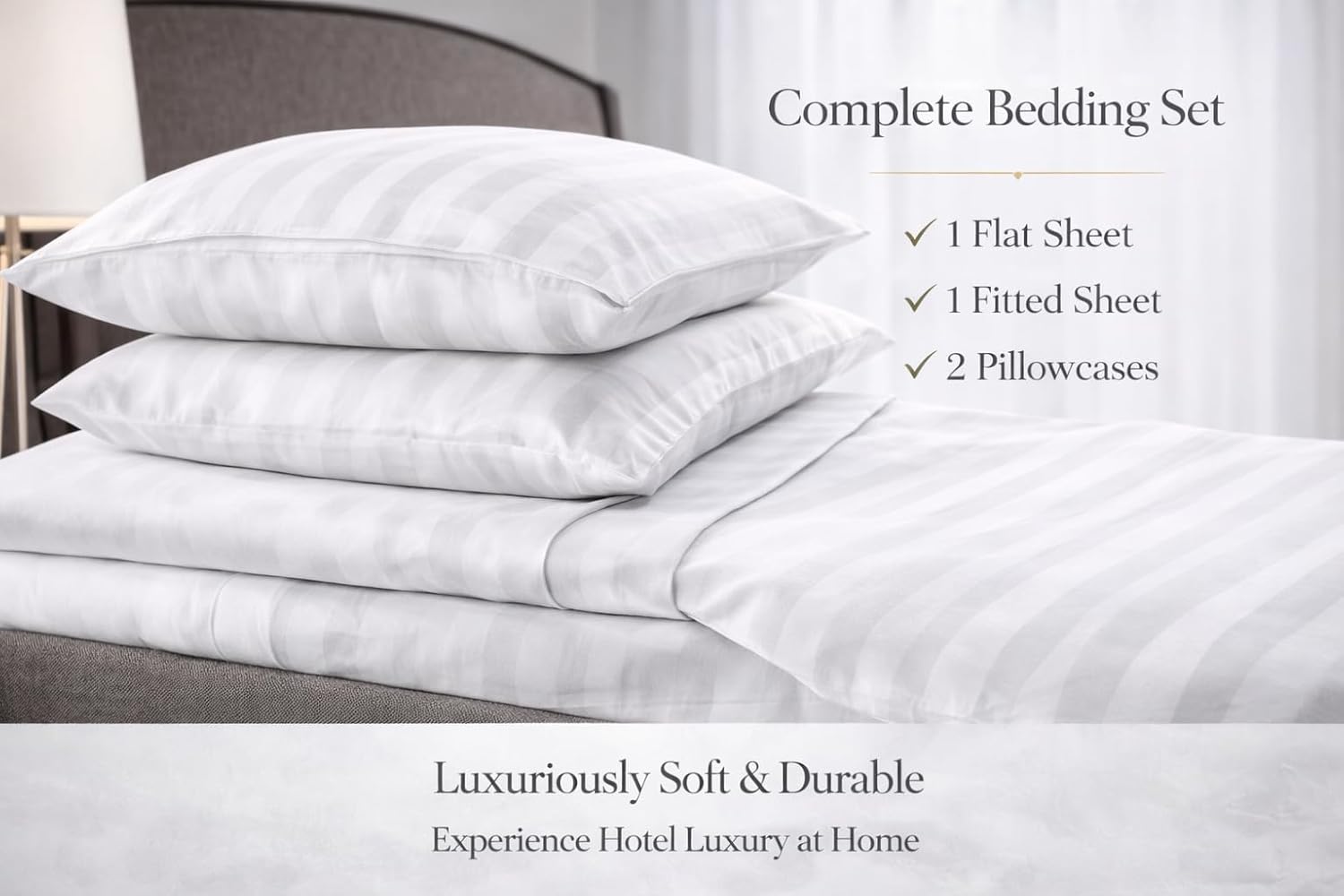 100% Egyptian Cotton Sheets King Size High Thread Count Luxury Hotel Sateen Weave Sheet Set, Soft Breathable, Deep Pocket 17", 4-Piece White Striped, Satisfaction Guarantee - Image 6