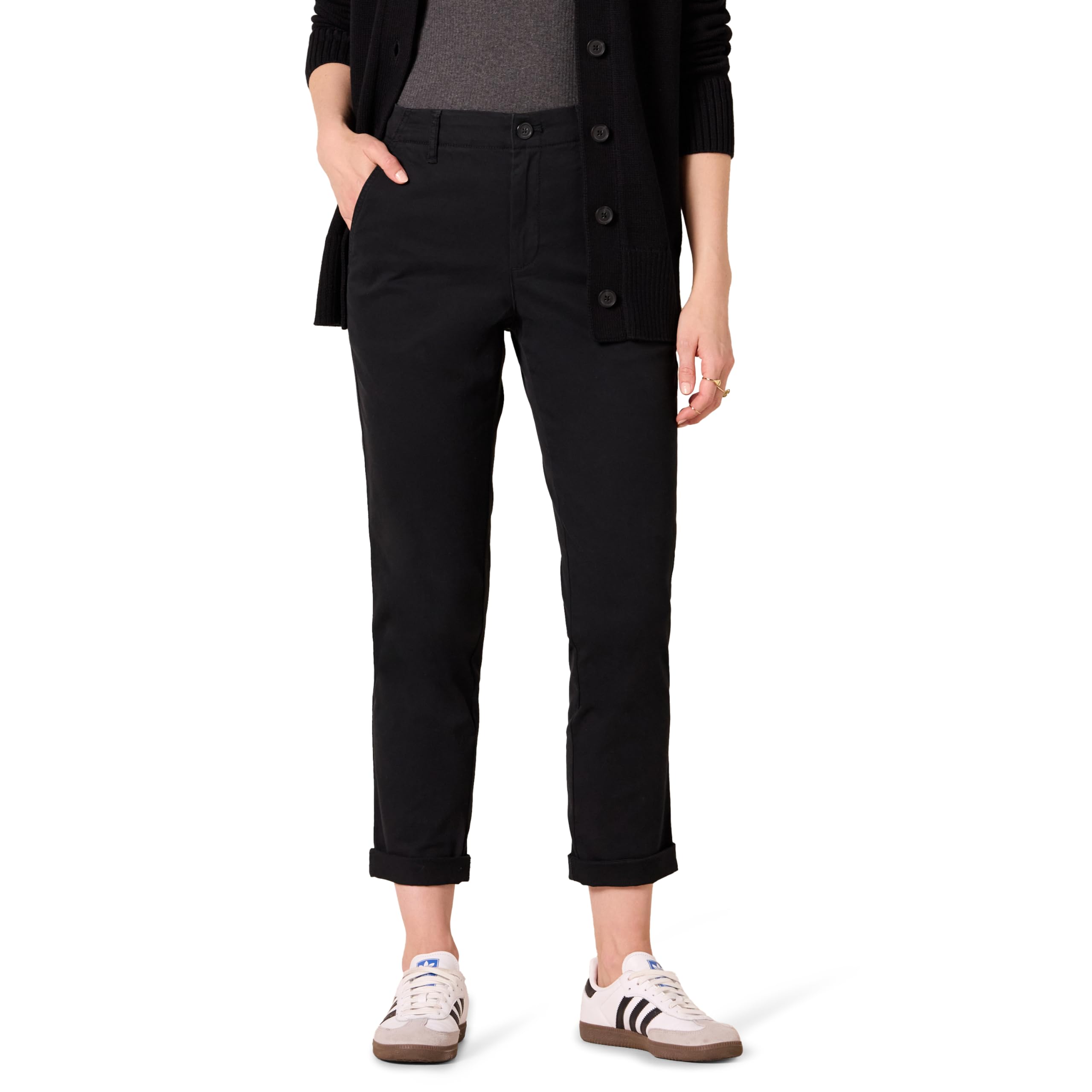 Amazon Essentials Women's High-Rise, Regular Fit, Ankle-Length, Tapered-Leg Chino Trousers, Black, 16