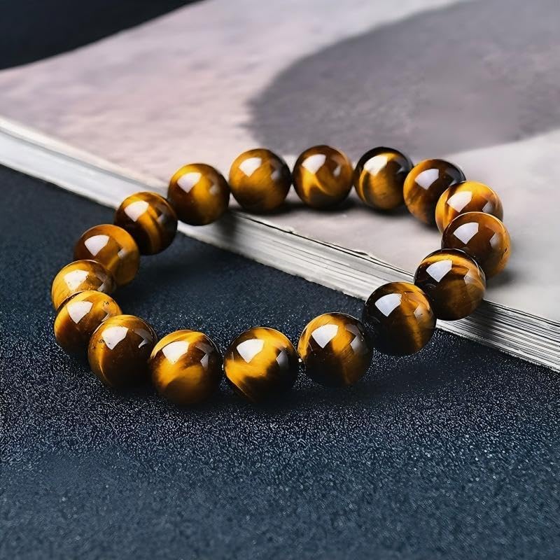 Tiger's Eye Stone Beaded Bracelet, 14mm Natural Gemstone, Adjustable 6-8.5 inches, Golden Brown - Image 4