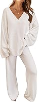 MEROKEETY Women's Fuzzy Fleece Lounge Set 2 Piece V-Neck Sweater Pajama for Fall Winter - Soft Cozy Loungewear