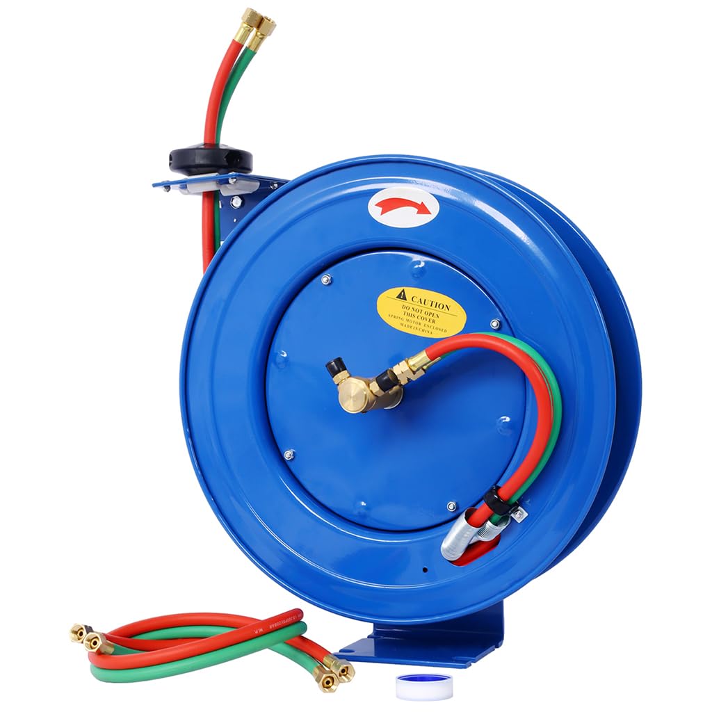 Retractable Air Hose Reel, Heavy Duty Welding Hose Reel 1/4" Inch x 50' Foot Twin Oxygen Acetylene Rubber Hoses STD Duty Max 200 PSI Industrial Single