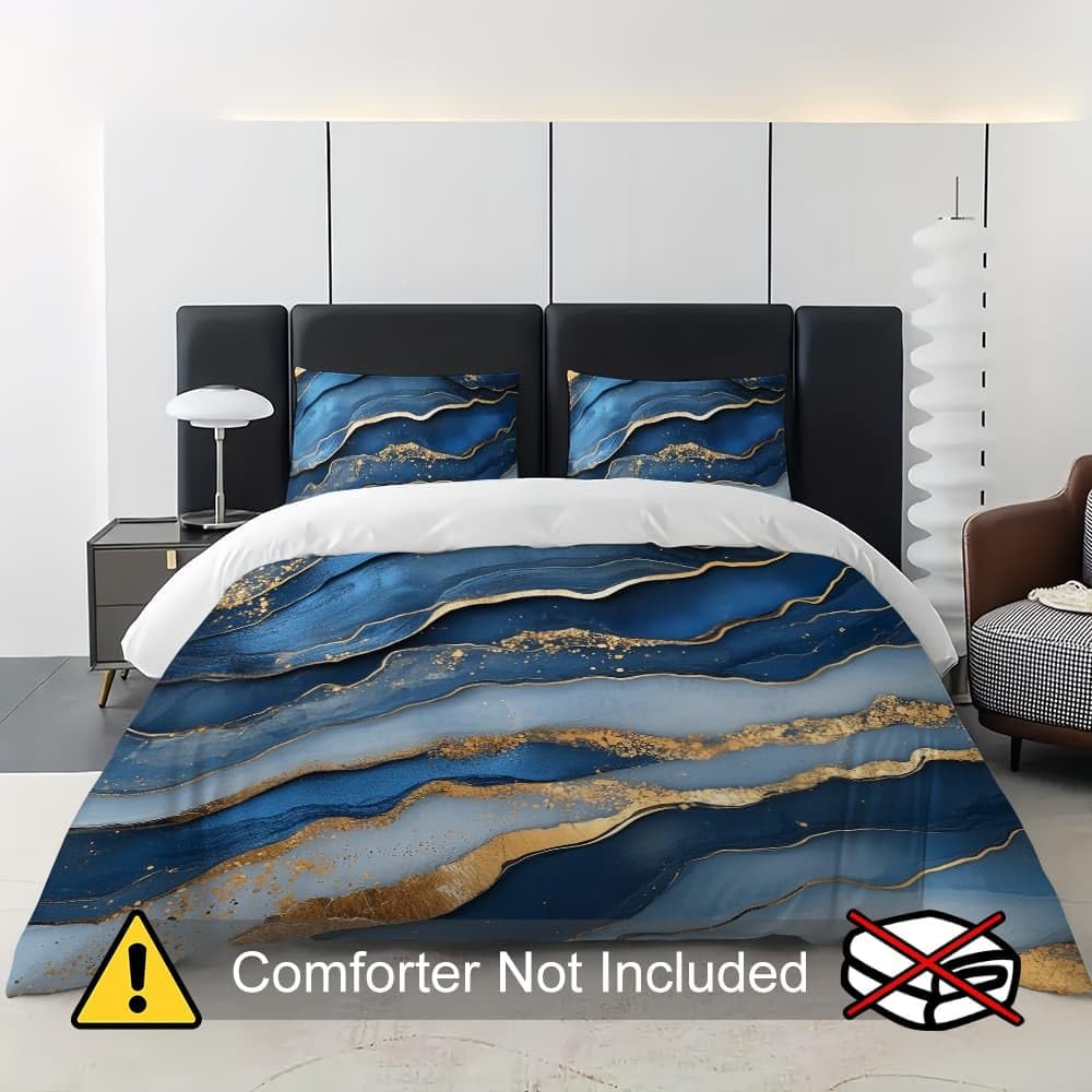 Fluido Di Marmo Lussuoso Copripiumino 2 Persona con Cerniera 250x200 cm Blu Set Biancheria da Letto in Microfibra, Lavabile in Lavatrice, per Bambini, Adolescenti e Adulti